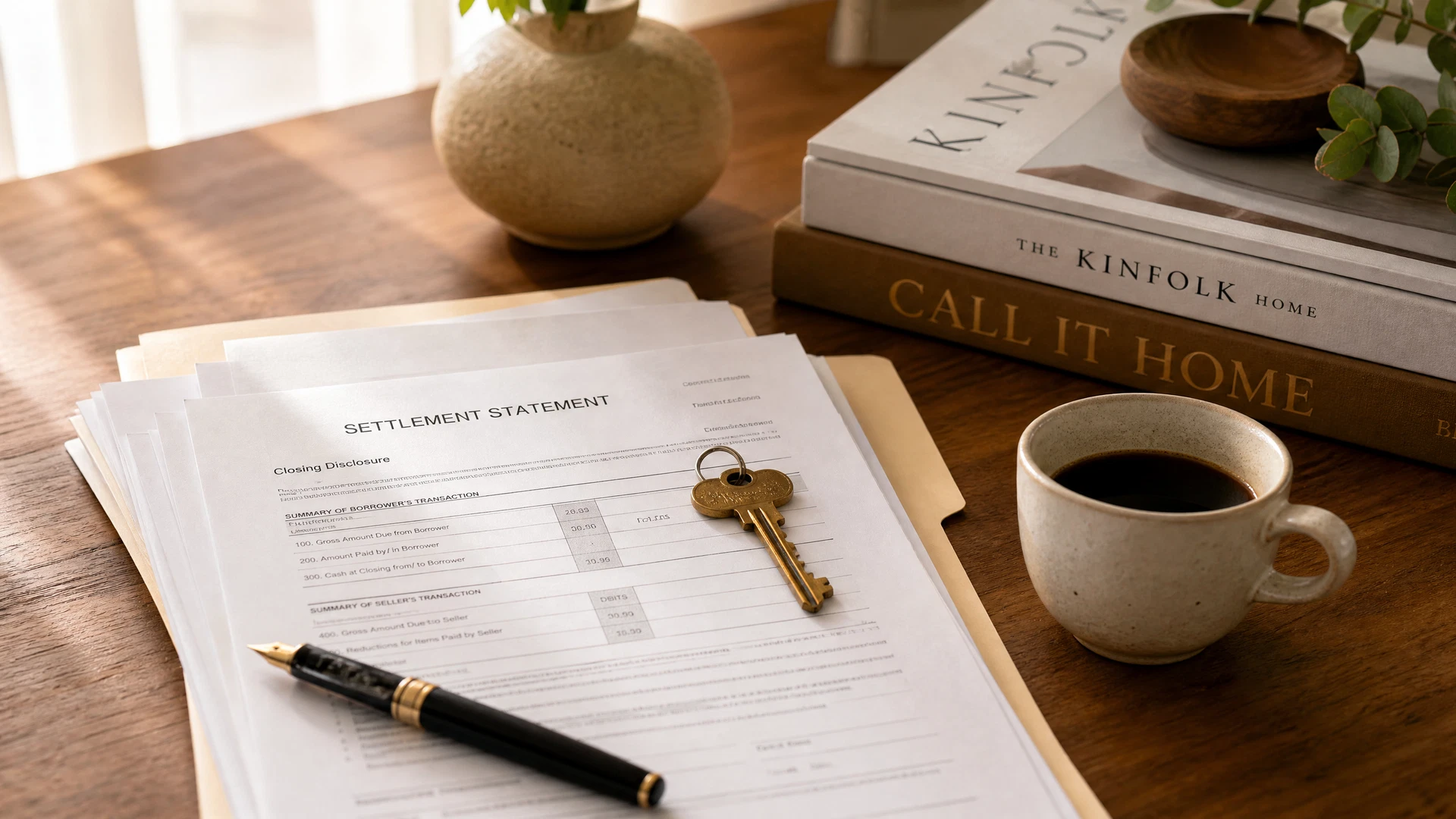 A neat stack of closing documents with a brass house key, fountain pen, and cup of coffee on a warm wooden desk