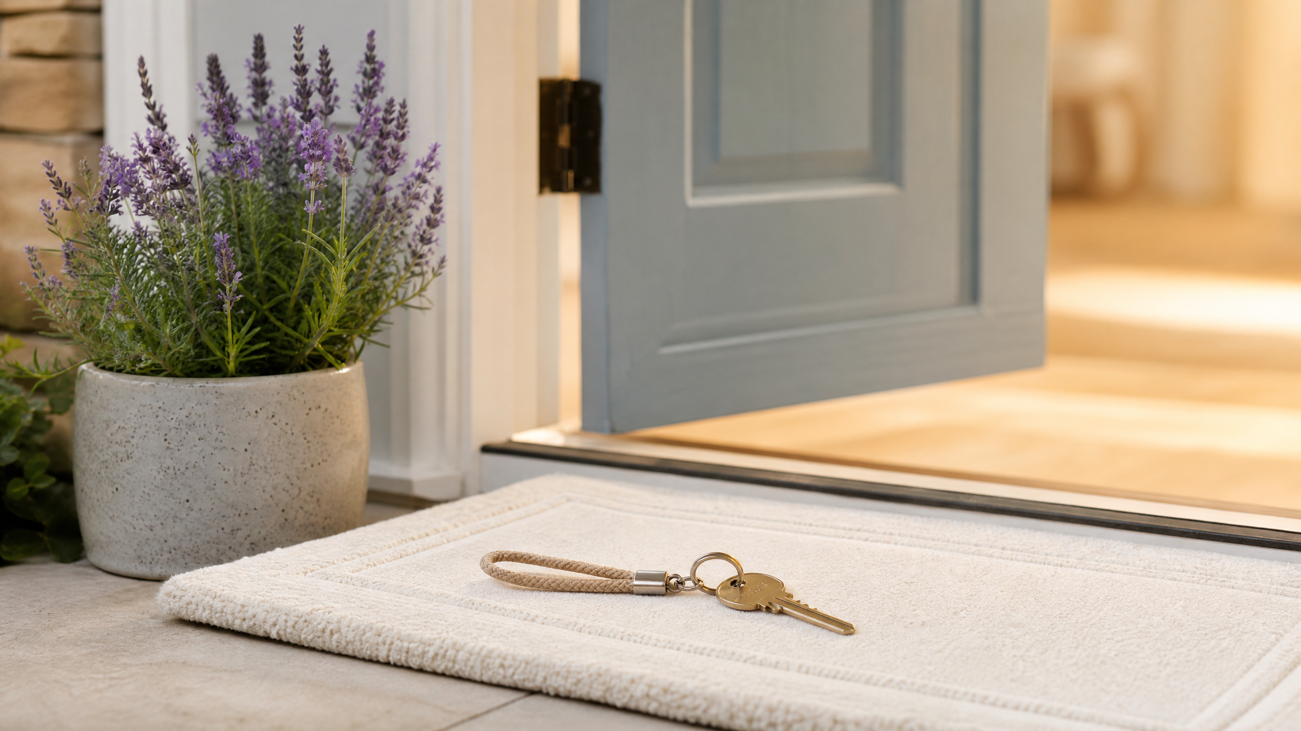 A brass house key on a welcome mat beside a potted lavender plant in front of a soft blue front door
