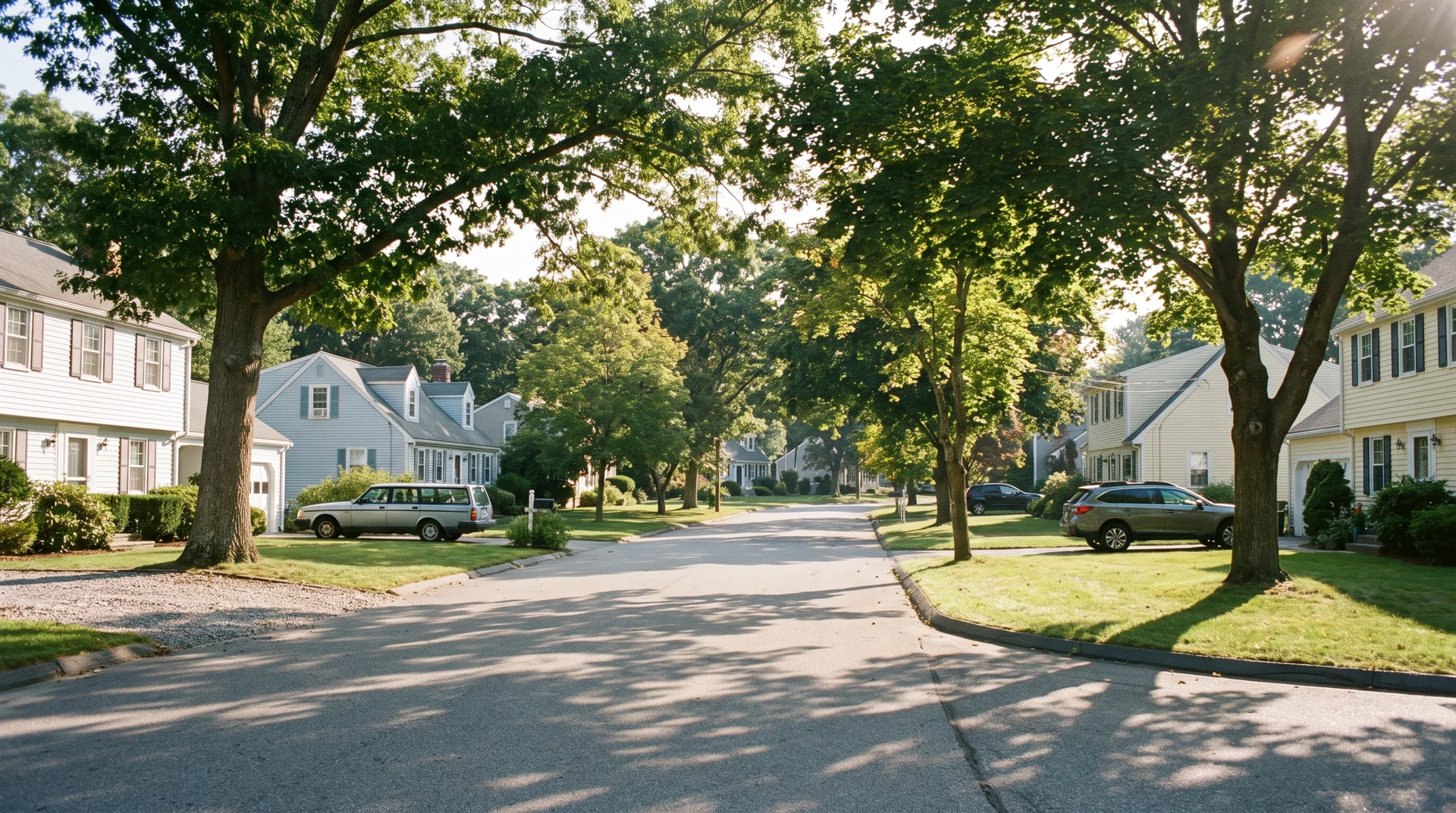 A tree-lined residential street of colonial and cape-style homes in a South Shore Massachusetts suburb on a clear summer morning