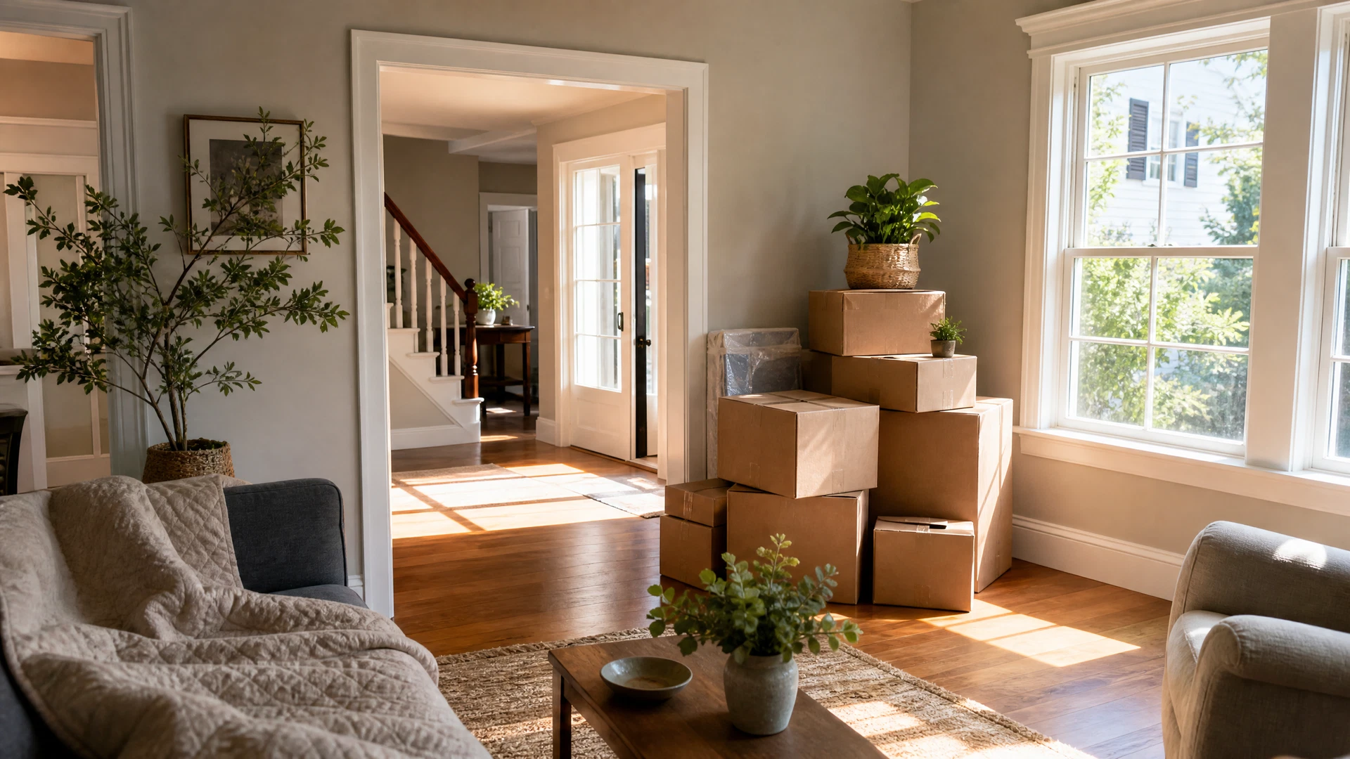 A warm sunlit living room with moving boxes stacked neatly by the window in a New England colonial home