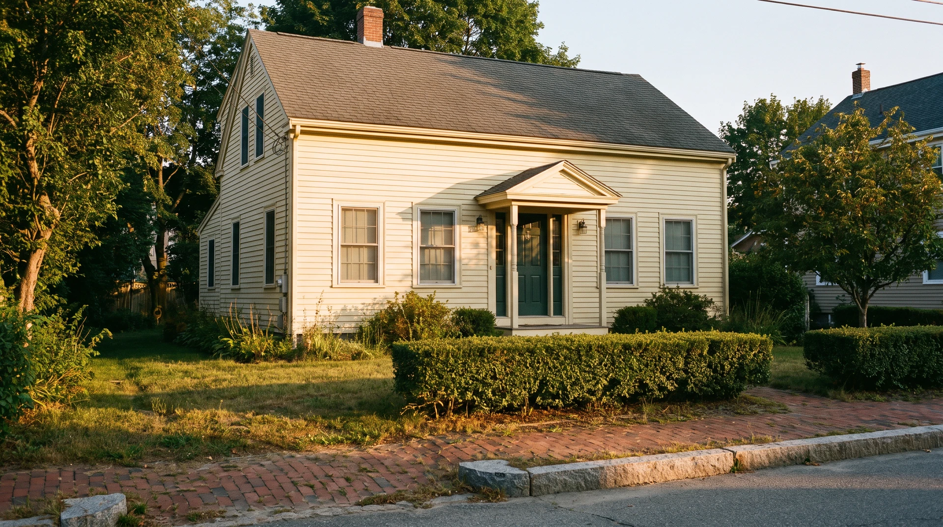 A modest older New England home on a quiet Quincy street in warm late afternoon light