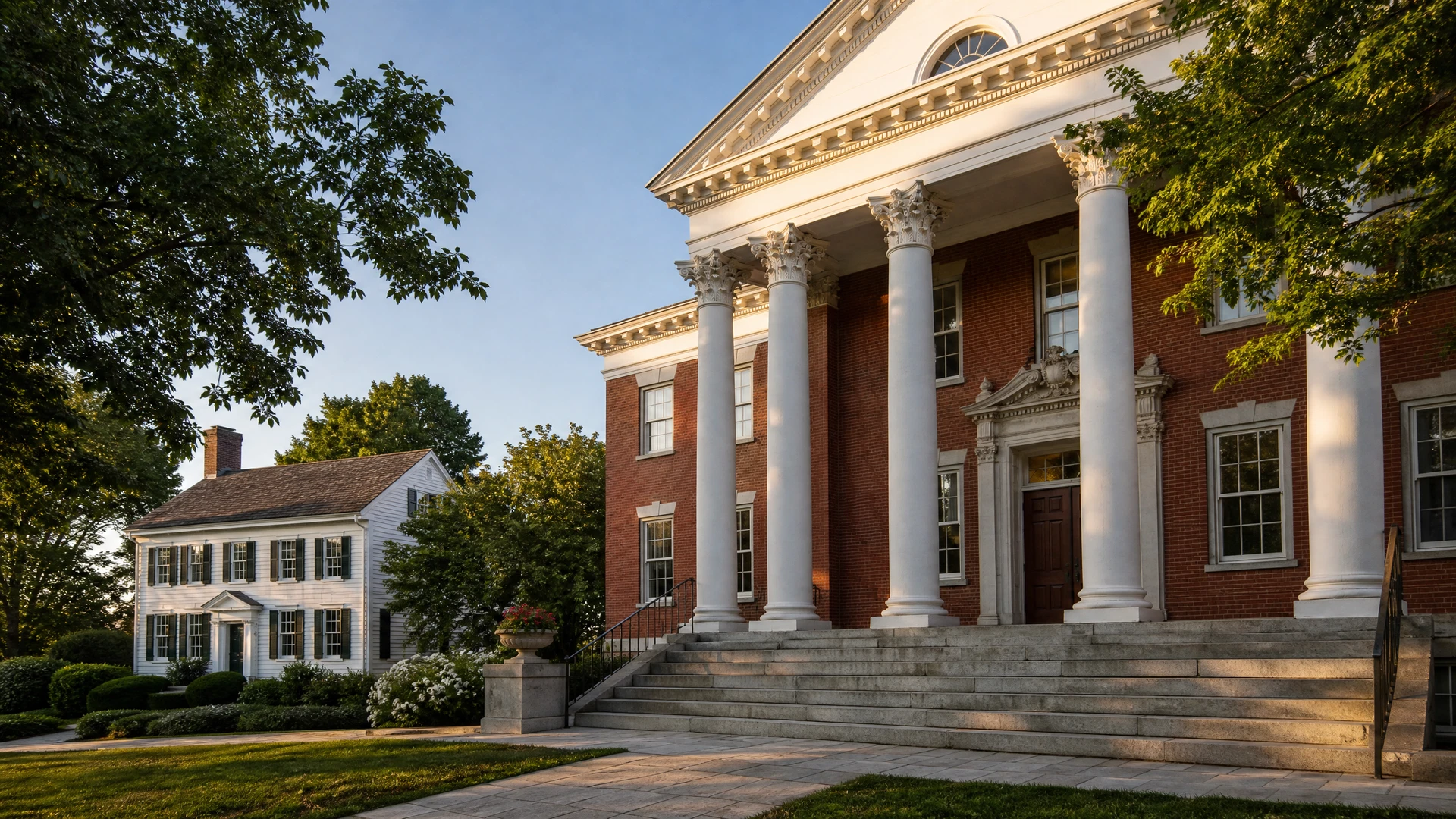 A stately brick courthouse facade with white columns beside a classic New England colonial home under a clear morning sky