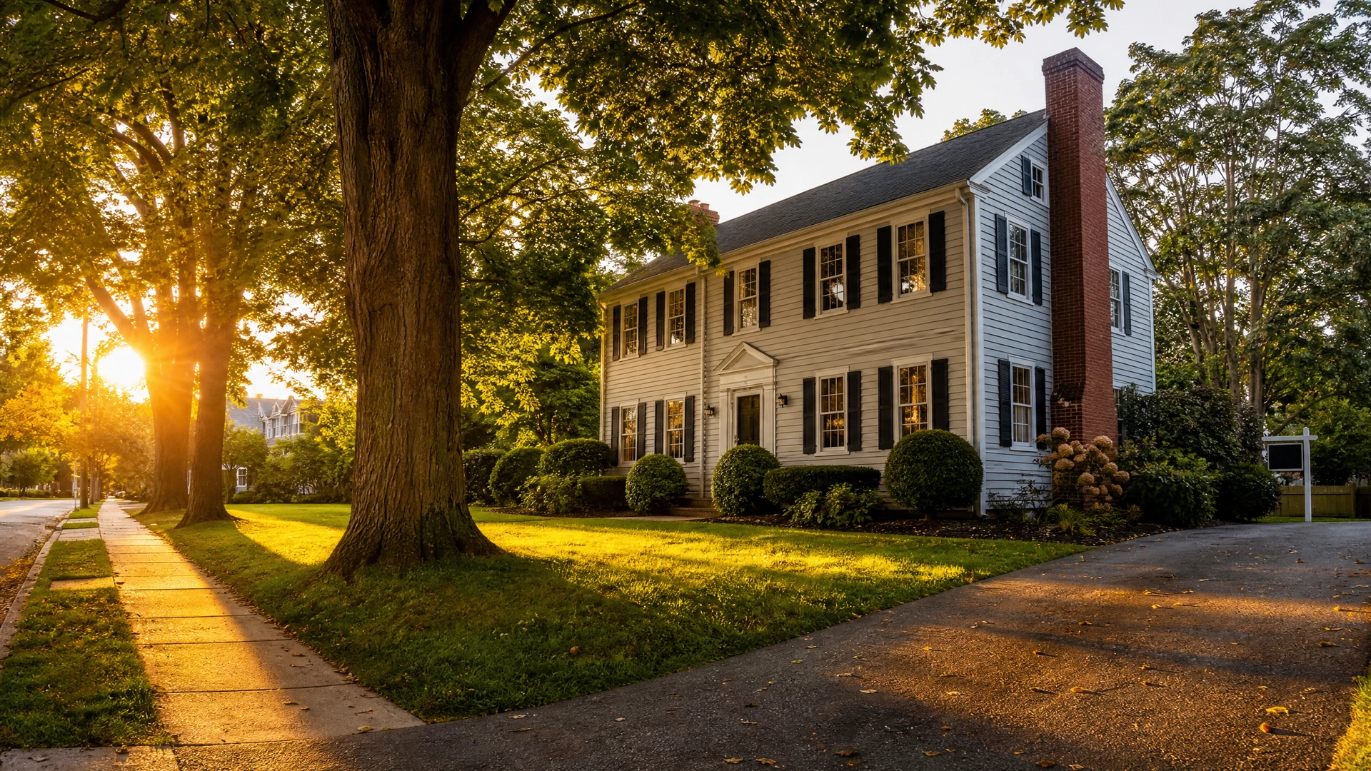 A New England colonial home on a tree-lined suburban street at golden hour, with a for sale sign at the end of the driveway