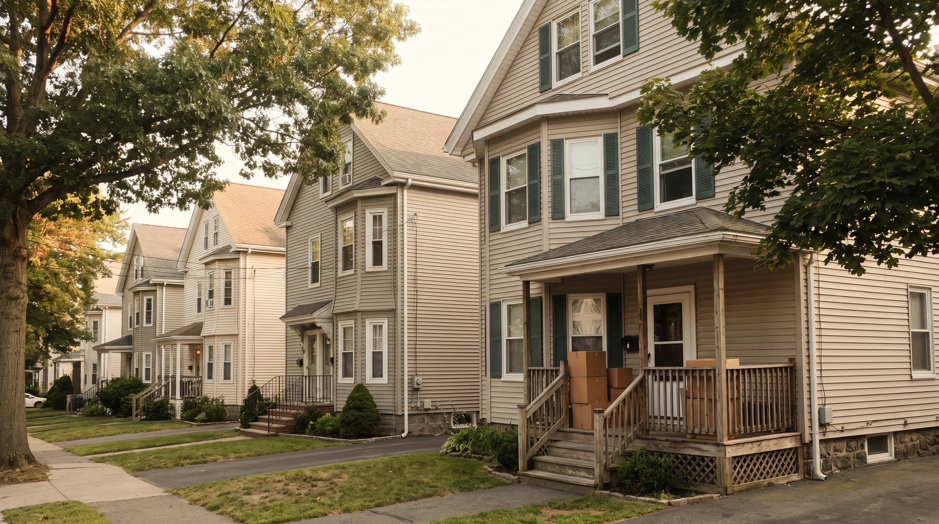 A row of two and three family homes on a Quincy street in late summer with moving boxes stacked on a porch