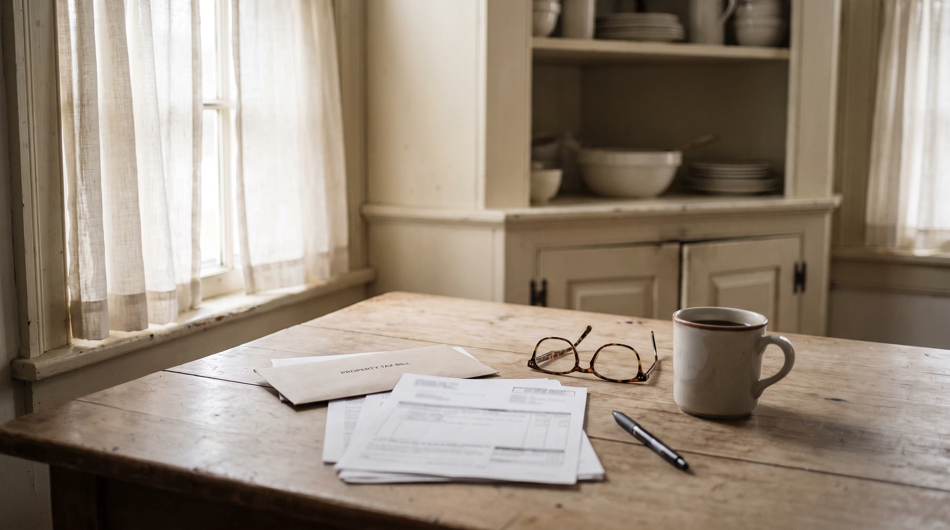 An older couple sitting at a kitchen table reviewing paperwork and a property tax bill in a sunlit New England home