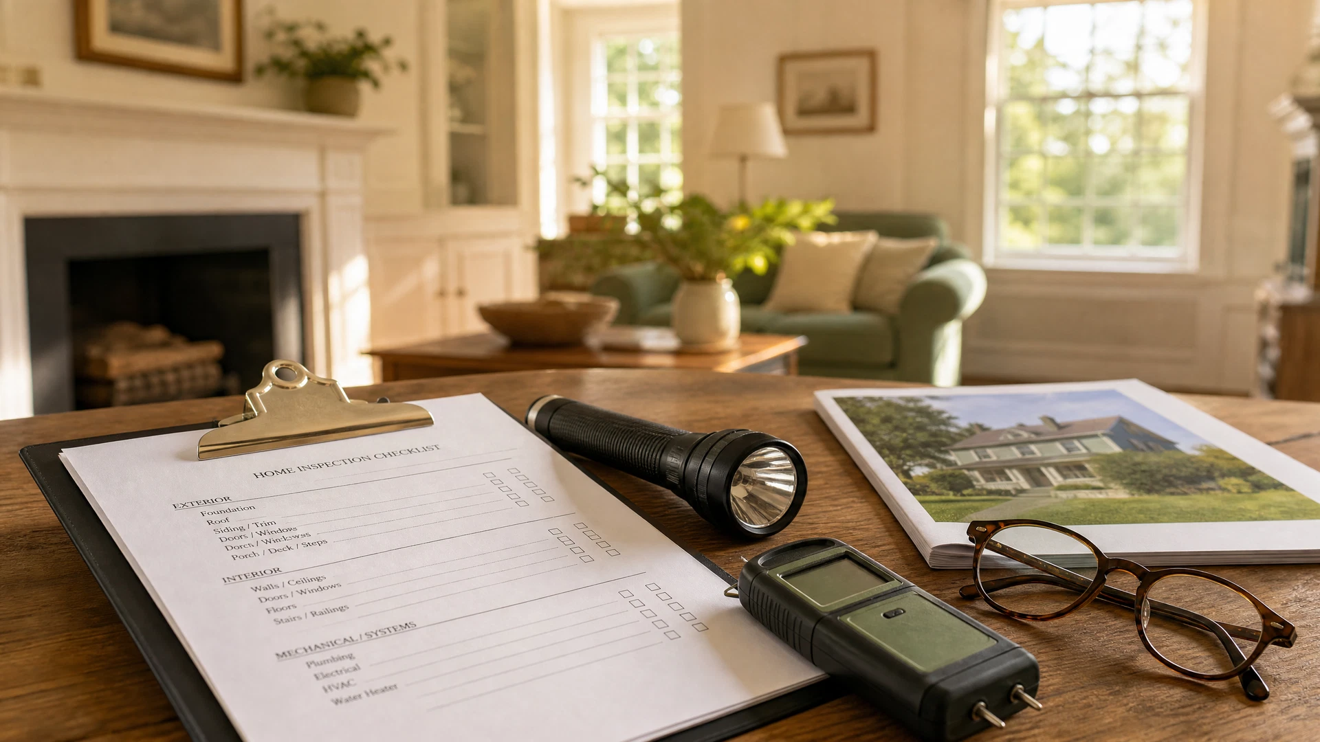 A clipboard with a home inspection checklist, flashlight, and moisture meter on a wooden table inside a sunlit New England home