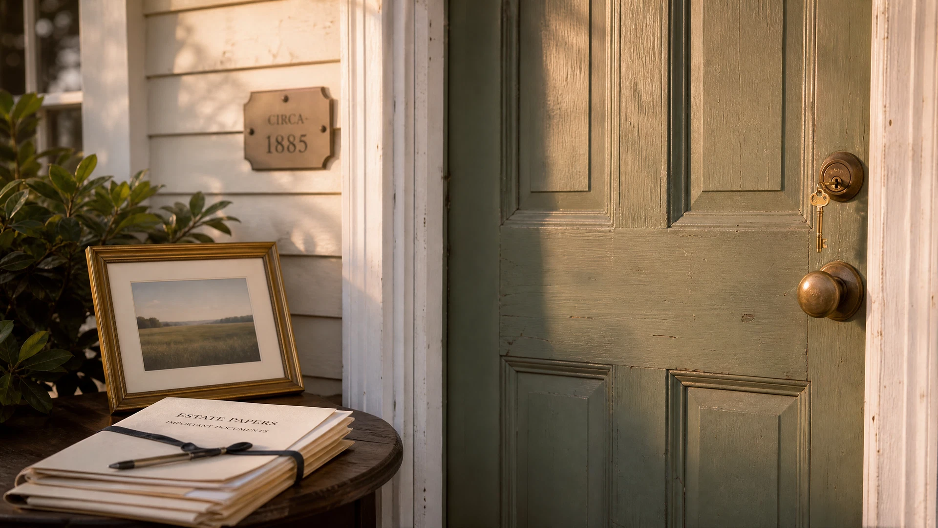 An older New England colonial home in soft morning light with a folder of estate documents and a set of keys on the front steps