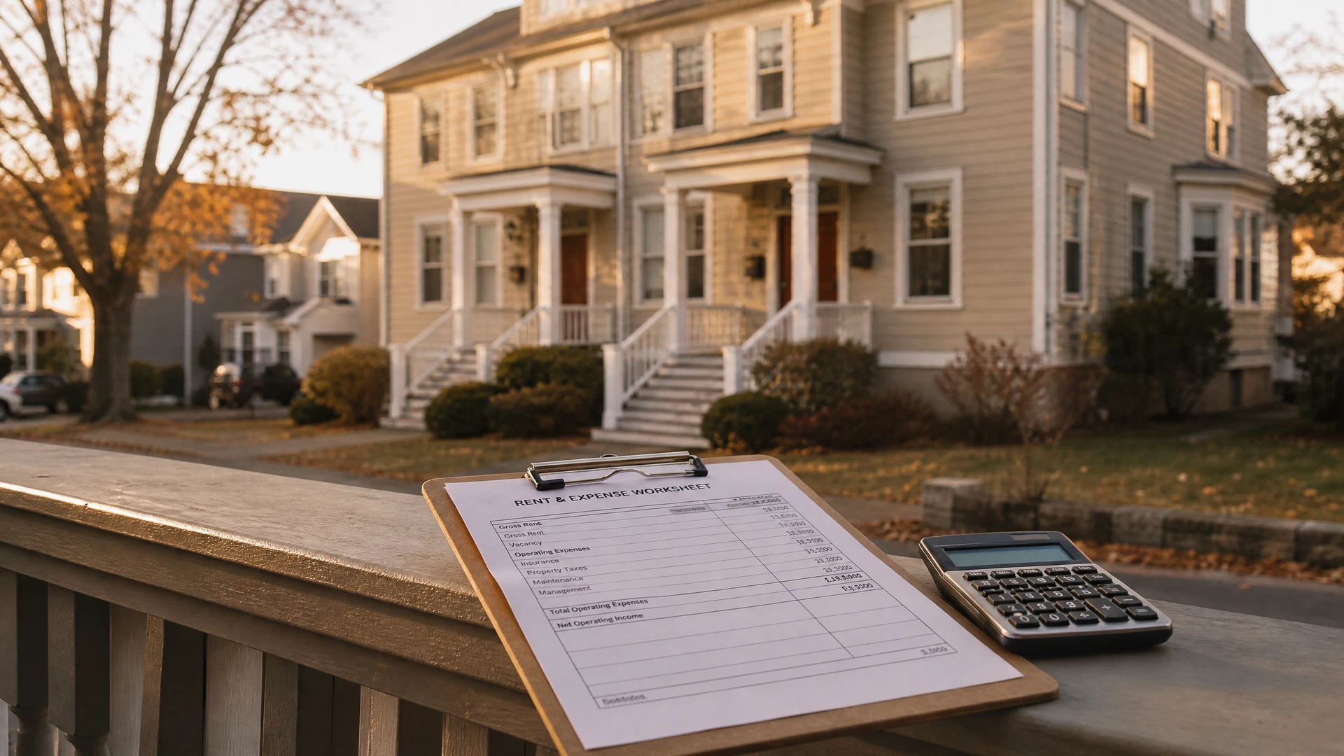 A classic New England two-family home at golden hour with a rent and expense worksheet and calculator on the porch railing
