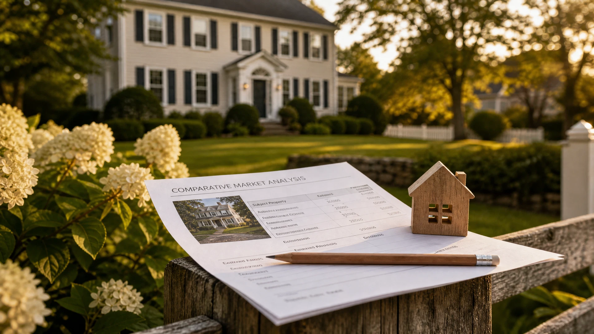 A For Sale sign in front of a well-kept Greater Boston home with a comparative market analysis printout and pen in the foreground