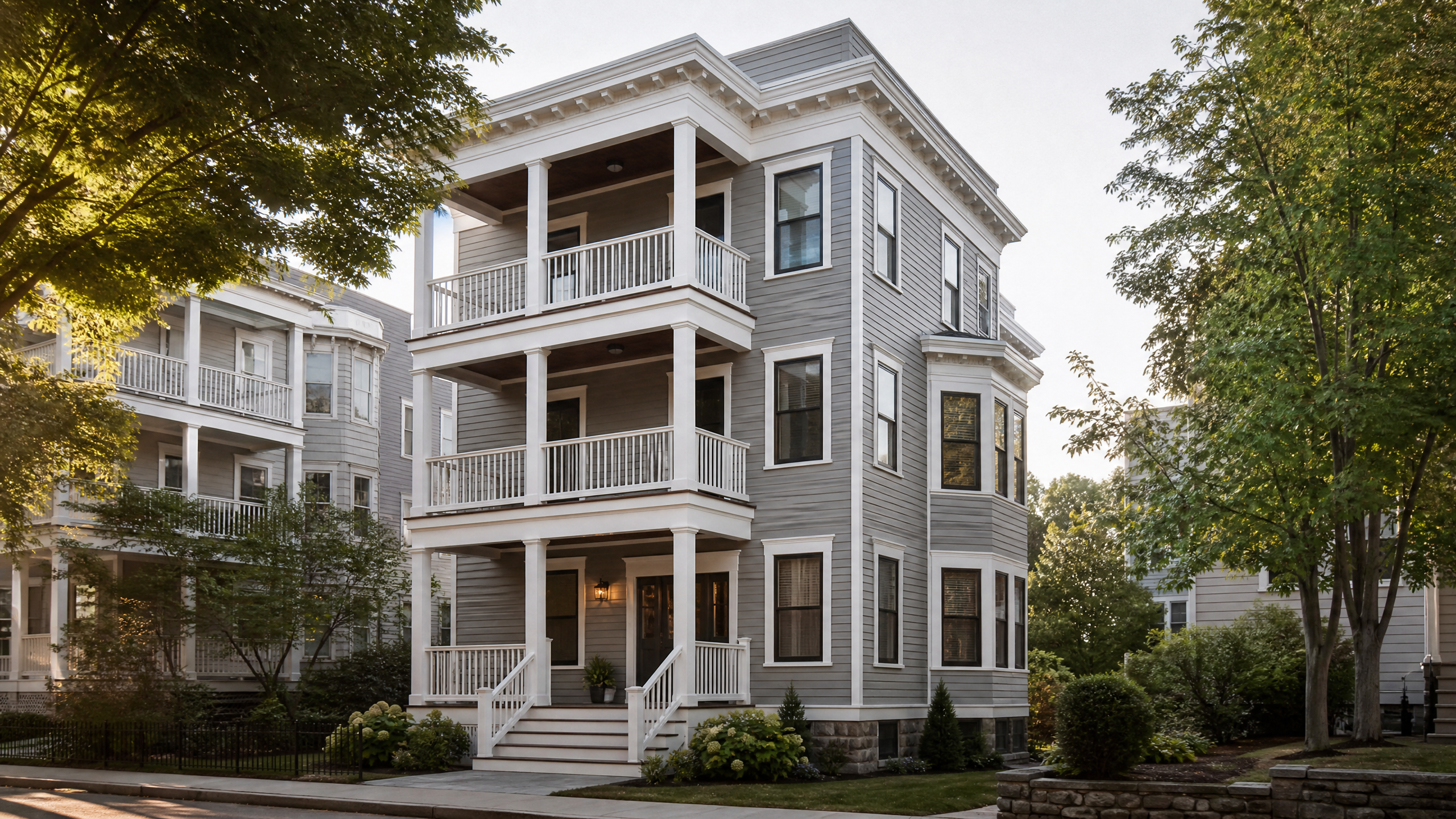A classic New England three-family triple-decker house on a tree-lined street in soft morning light