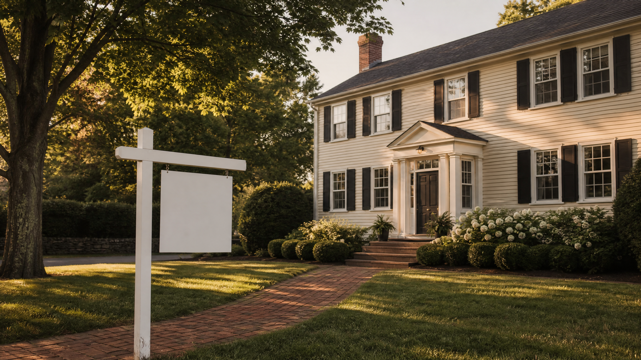 A classic New England colonial home with a for sale sign on the front lawn in golden-hour light
